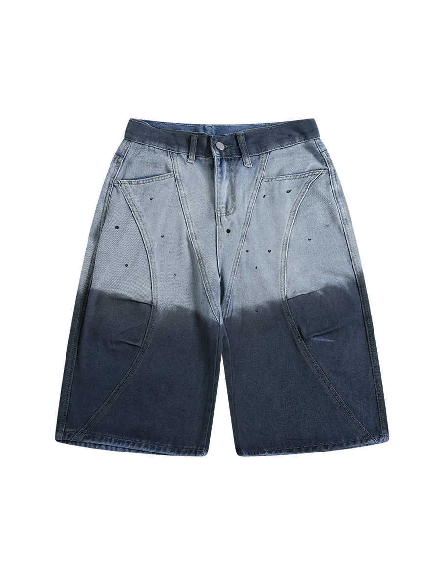 Blue tie-dye gradient washed-out cropped jeans in loose casual fit with mid waist design