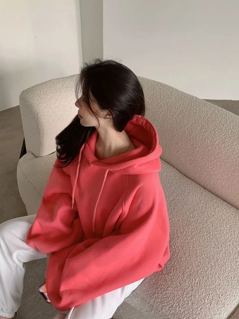Watermelon red women's loose hooded sweater made from mulberry silk with sleeveless design