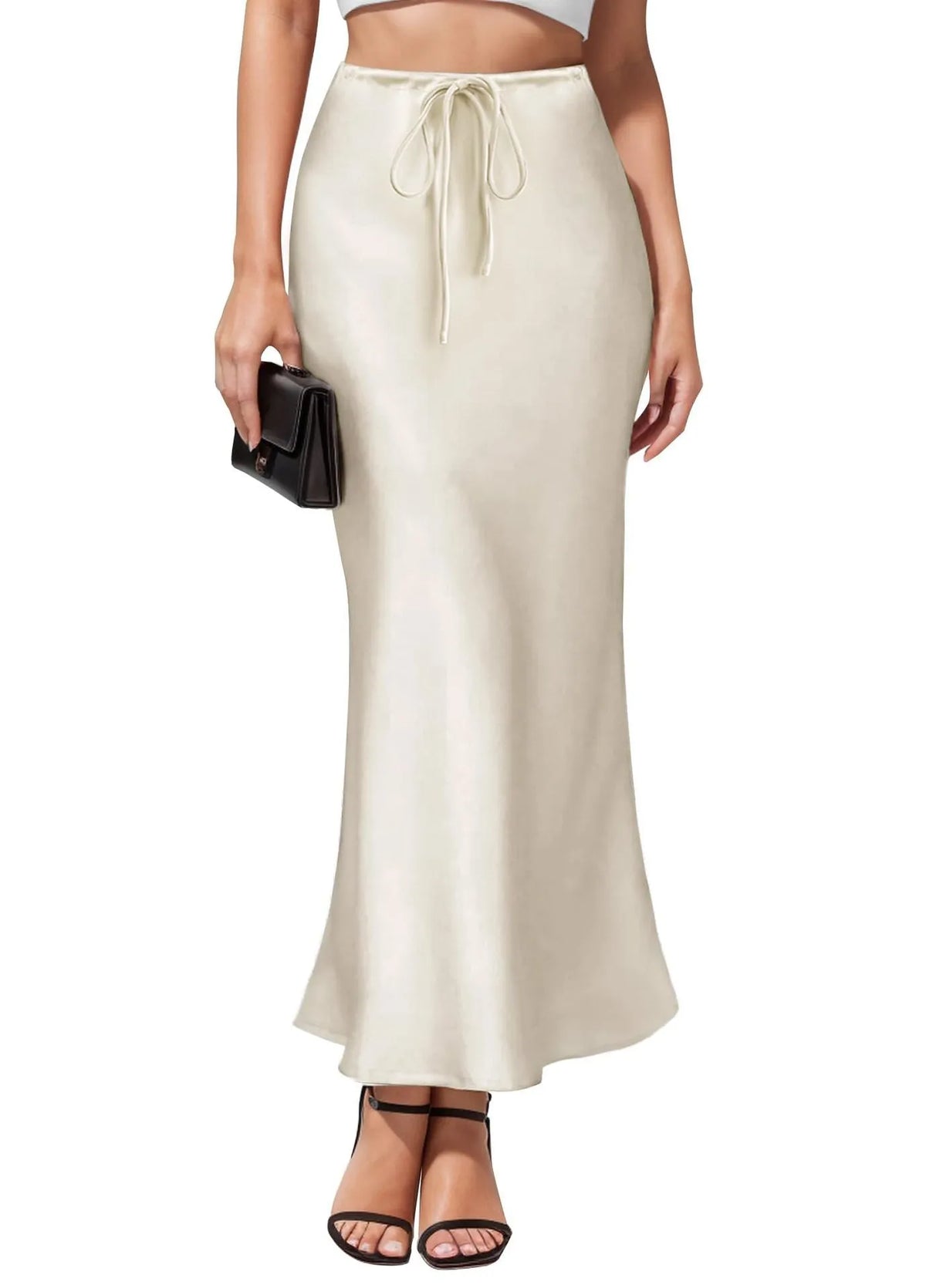 Asymmetric satin skirt with high waist and irregular stitching detail in six colour options