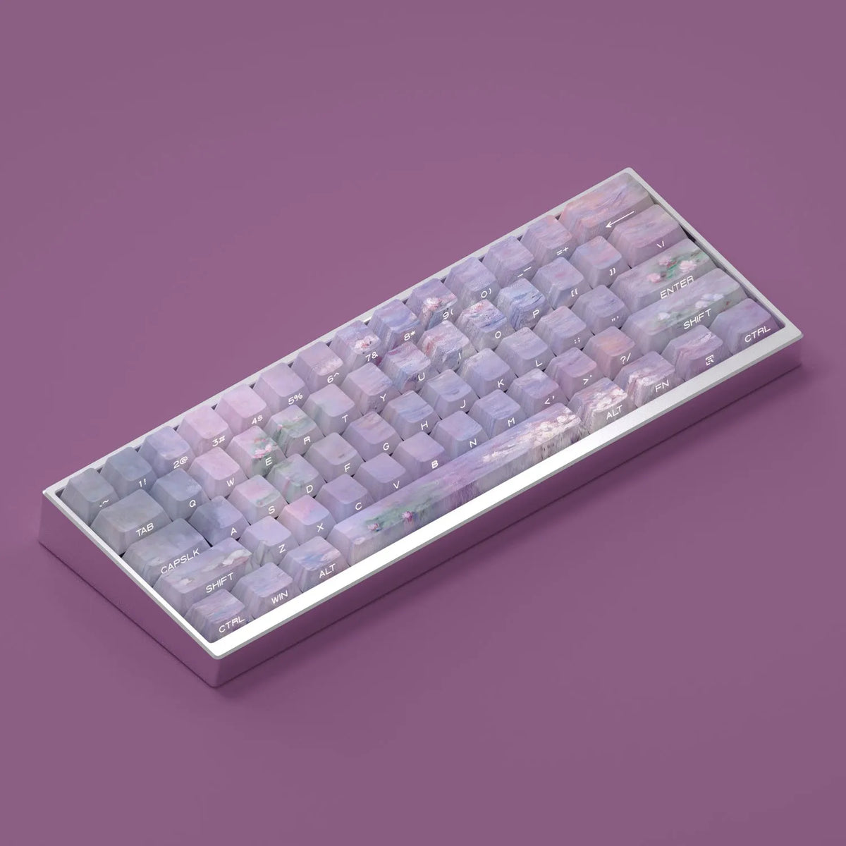 Water lily themed PBT mechanical keyboard keycap set with 130 keys and side-carved transparent characters.