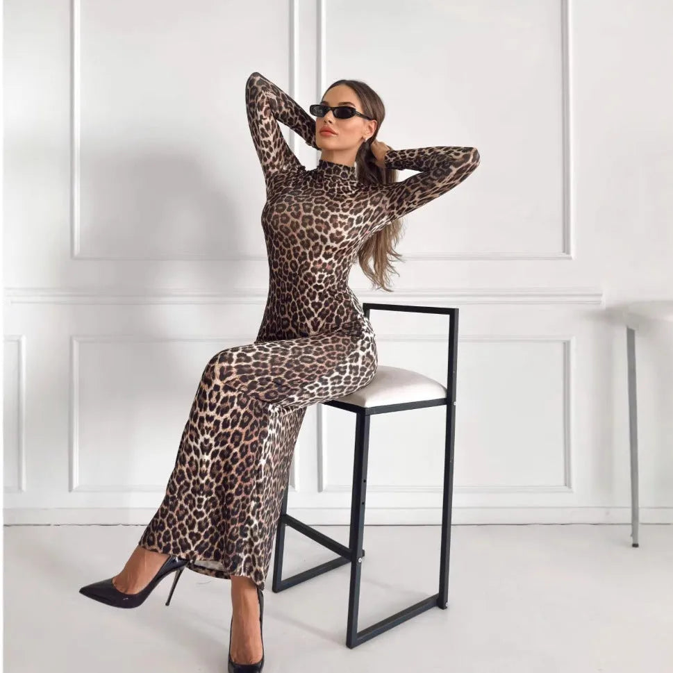 Leopard print long sleeve dress with stand collar and high waist design