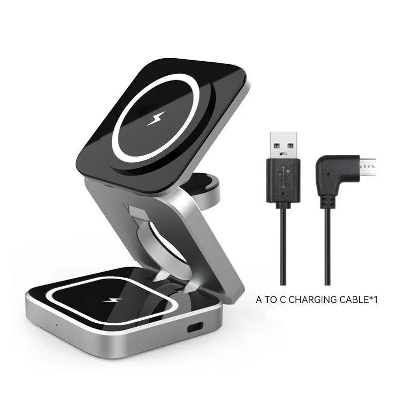 Folding desktop wireless charging bracket holding a phone and a smartwatch at an angle.