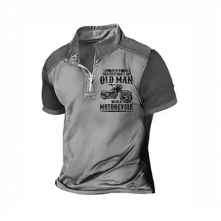 Men's casual polo shirt with lapel collar, zipper decorations and letter print pattern in polyester fabric