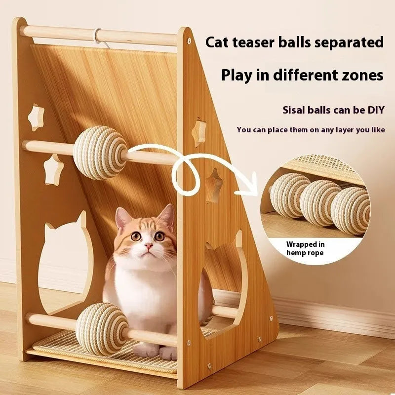 Vertical wall-mounted cat scratch board with sisal surface and hemp rope ball toy