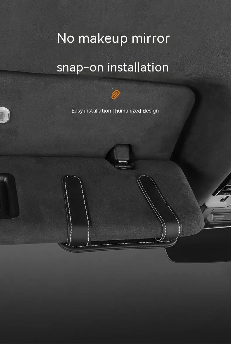 Leather automotive sun visor card holder with glasses clip and card slot
