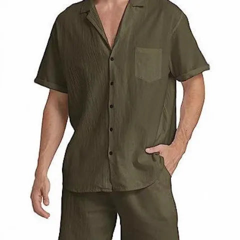 Men's linen summer sports suit with short-sleeved top and matching shorts in army green colour