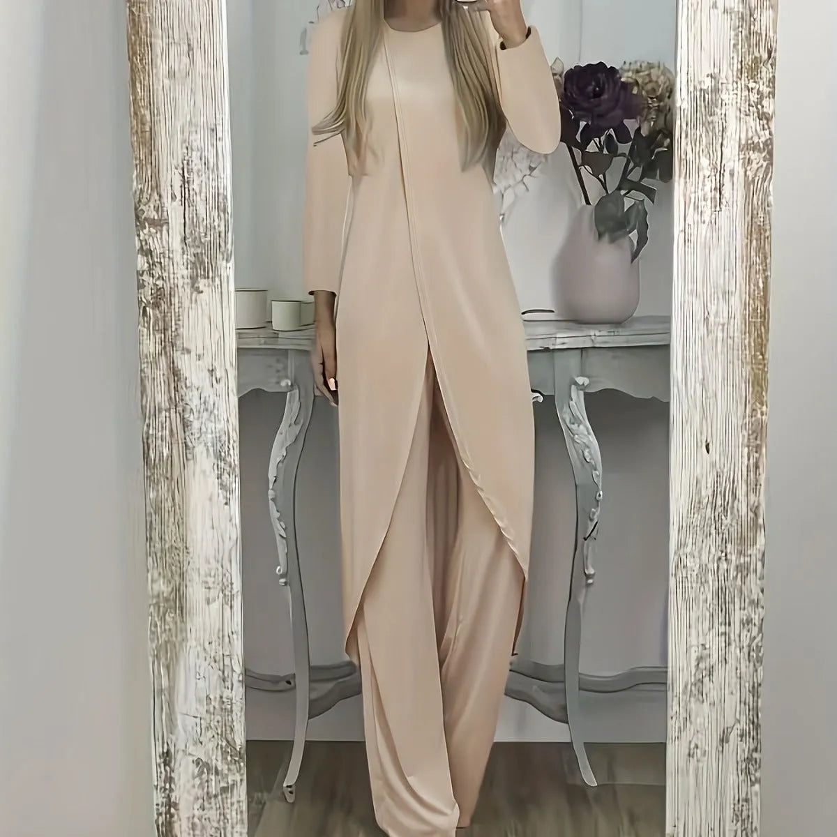 Casual black polyester two-piece tracksuit set with long sleeves and loose-fit trousers.