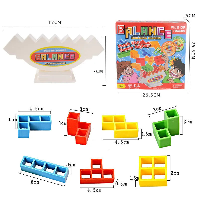 Plastic balance stacking board game with 16 coloured blocks, chassis, and base on a table