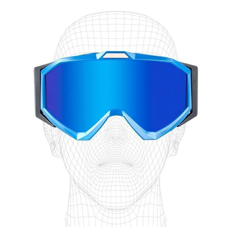 Motorcycle goggles with double-layer anti-fog lenses in a selection of frame and lens colour combinations.