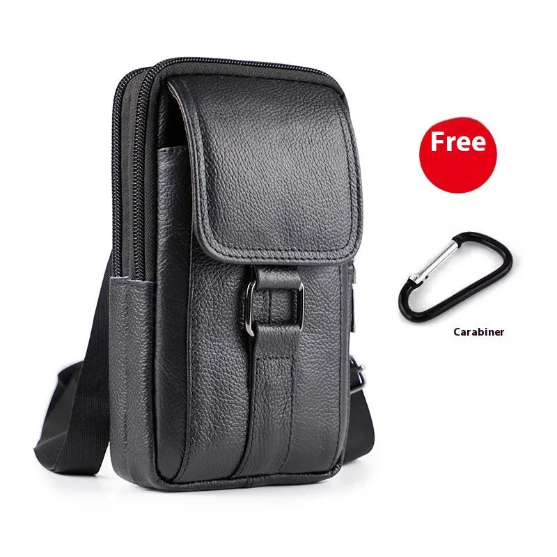Men's black genuine leather crossbody waist bag showing lock closure and vertical square design