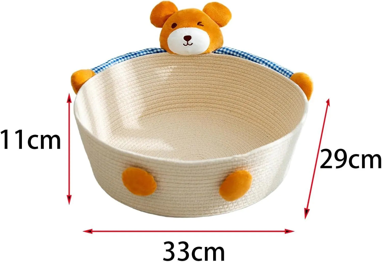 Woven cotton rope cat bed with integrated scratch board in bear design, showing basket shape with pet toy storage