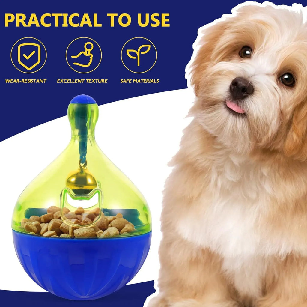 Blue tumbler-shaped dog and cat treat dispenser ball with food opening for interactive pet play