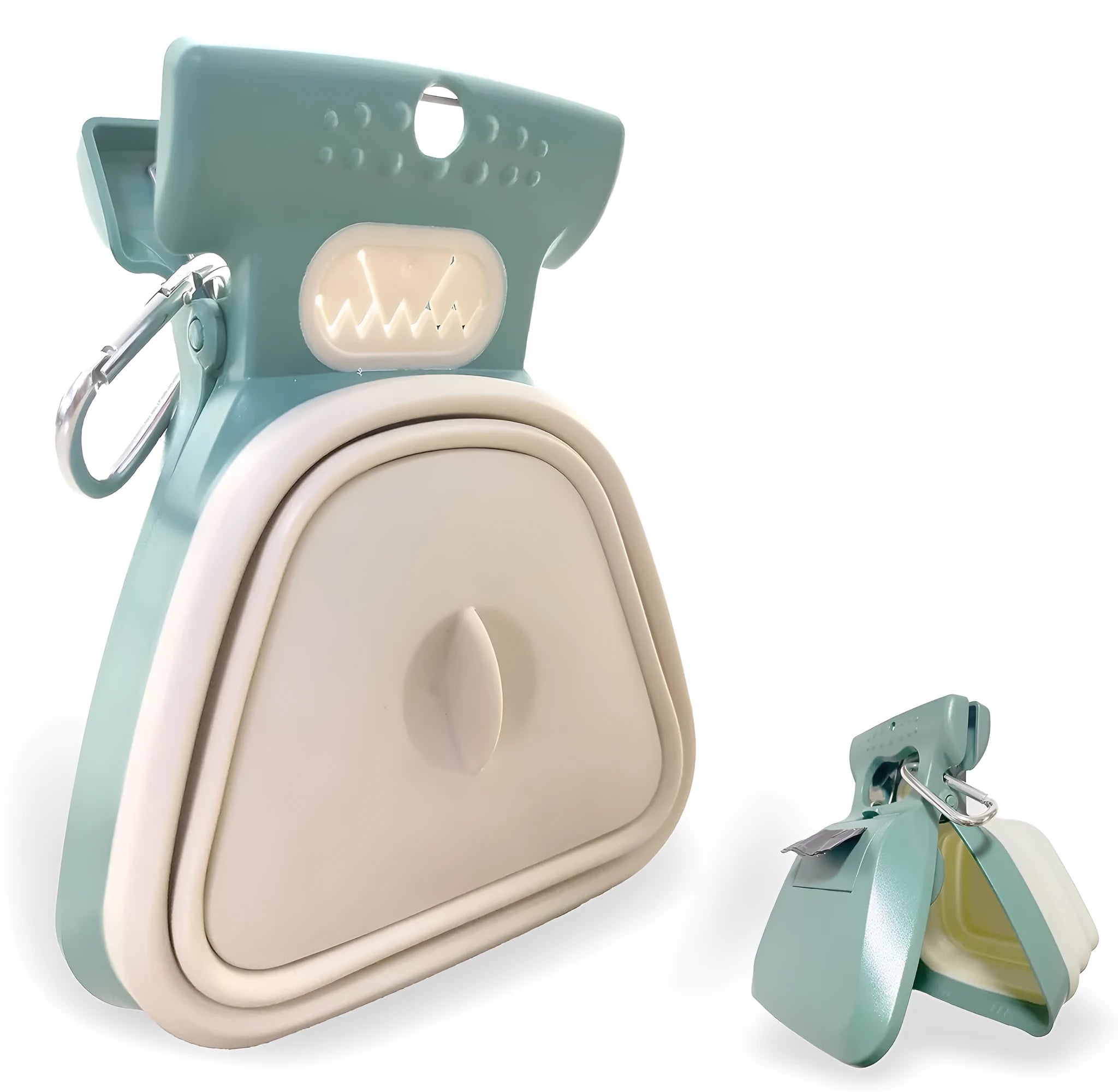 Portable handheld pooper scooper with integrated waste bag dispenser and carabiner clip attachment