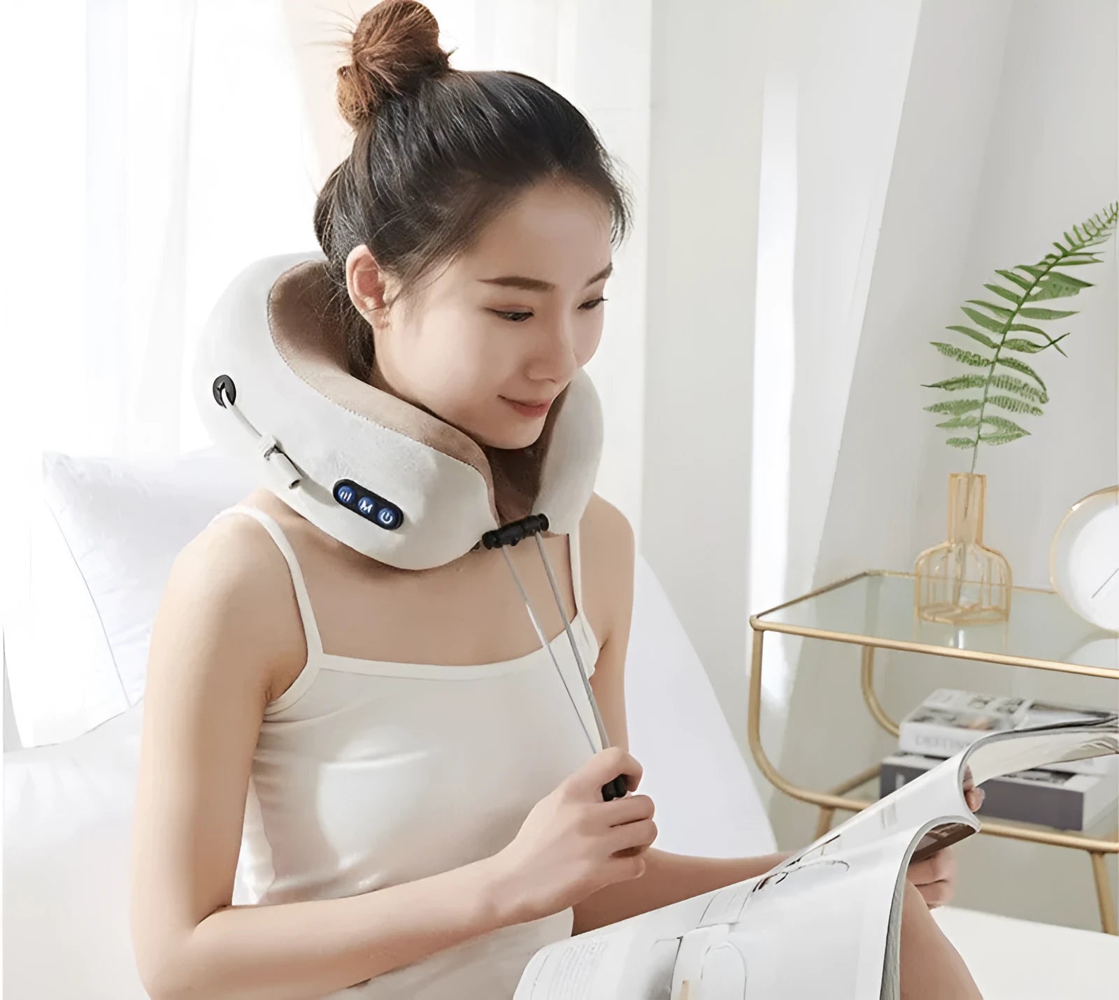 Brown U-shaped electric neck massager with massage heads for shoulder and cervical relaxation