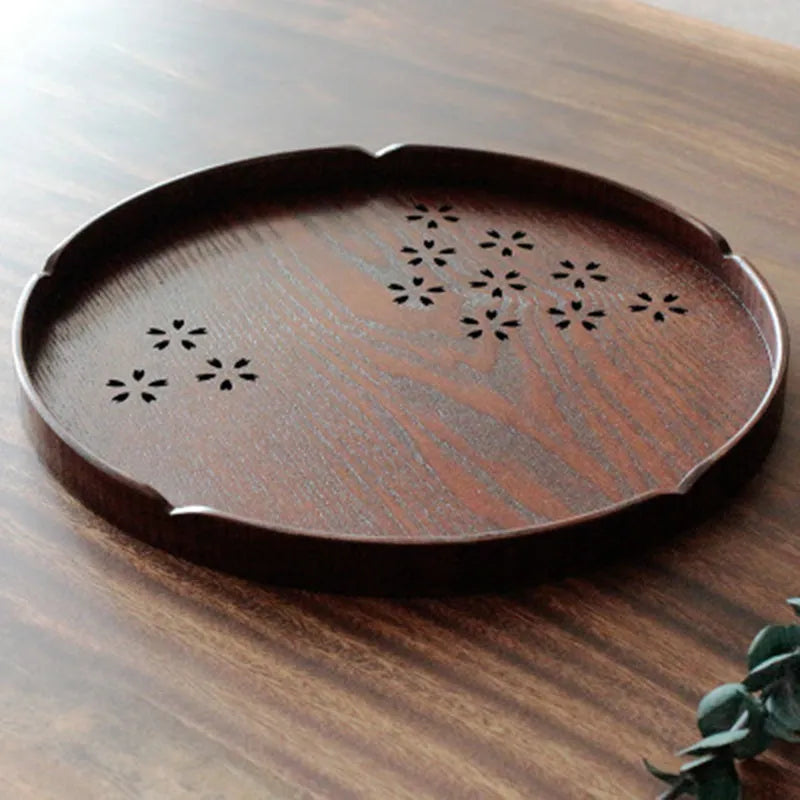 Wooden dessert plate with hollow sakura cherry blossom pattern, 30cm diameter