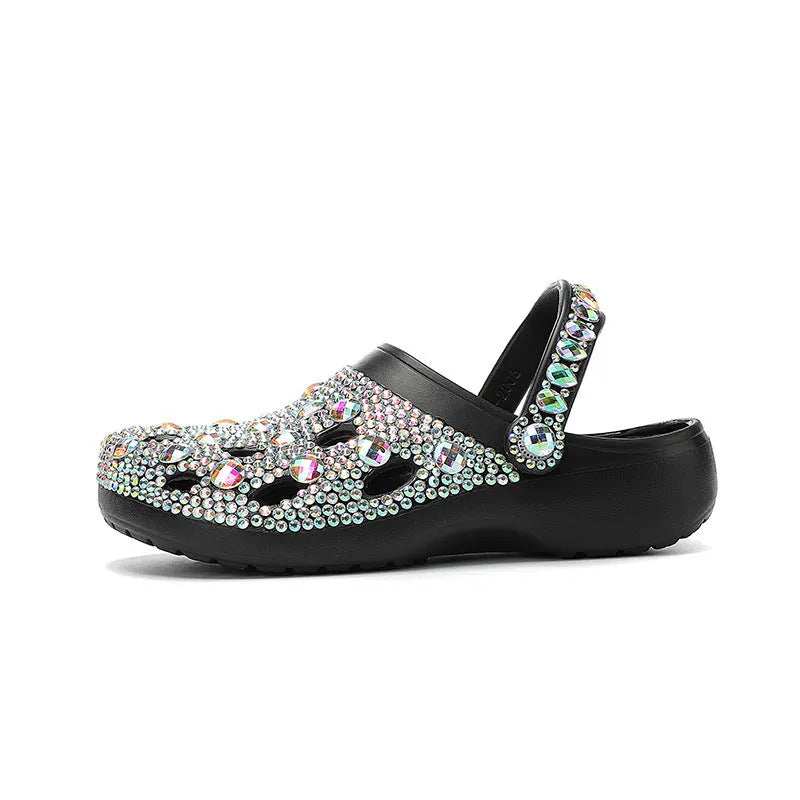 Black women's platform sandals with rhinestone details on holes, EVA material