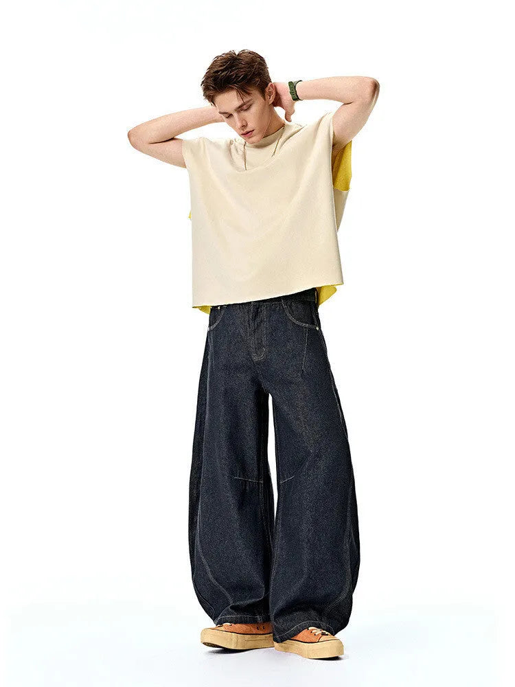 Men's wide leg denim trousers in original cow colour with mid-waist design