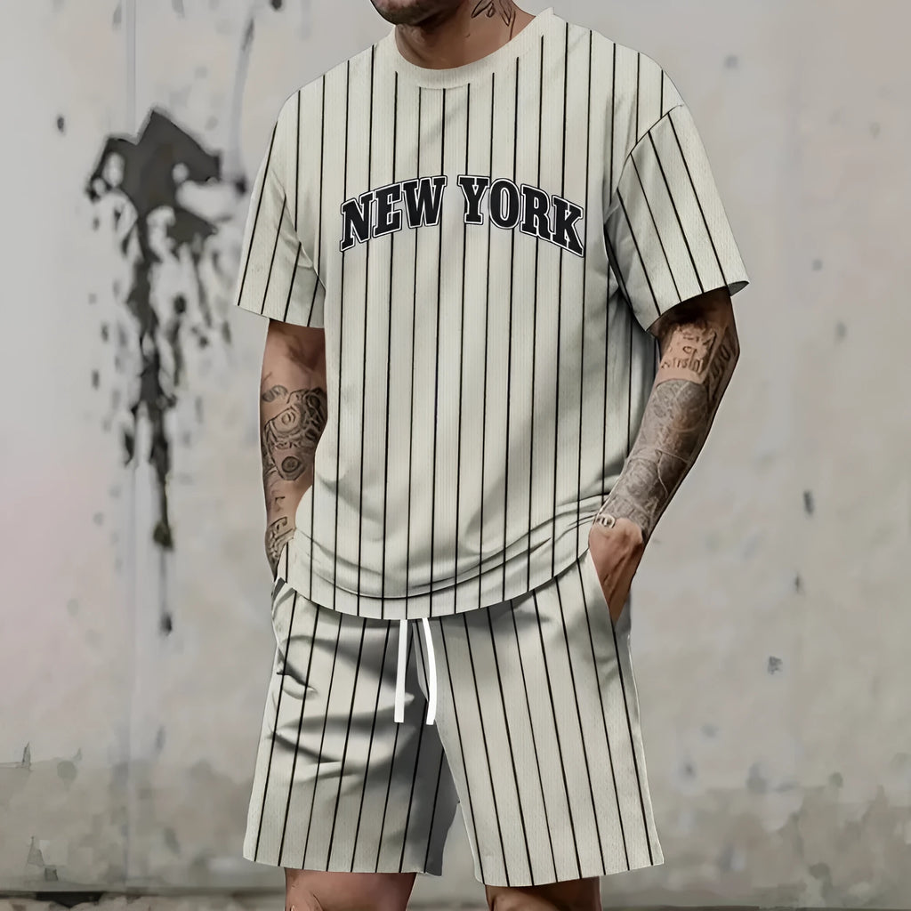 Men's short sleeve top and shorts set with 3D printed letter design in a sports leisure style.