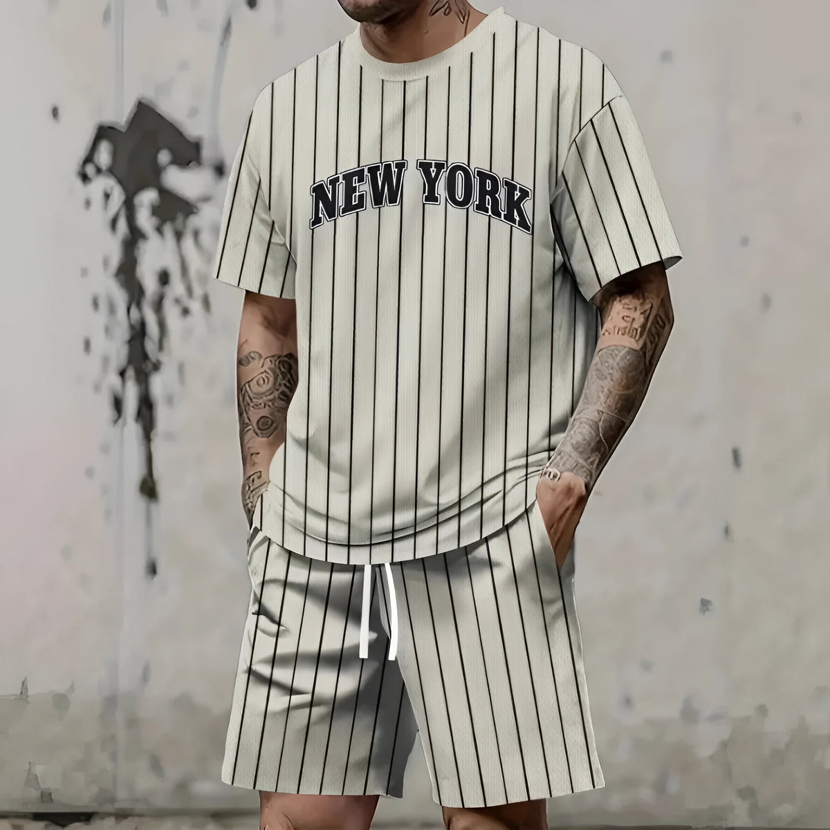 Men's short sleeve top and shorts set with 3D printed letter design in a sports leisure style.