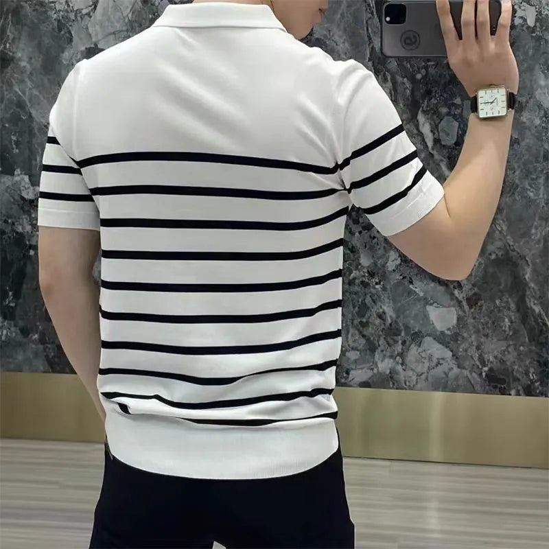Striped lapel neckline knitted t-shirt in black and white colours showing pullover style and striped pattern