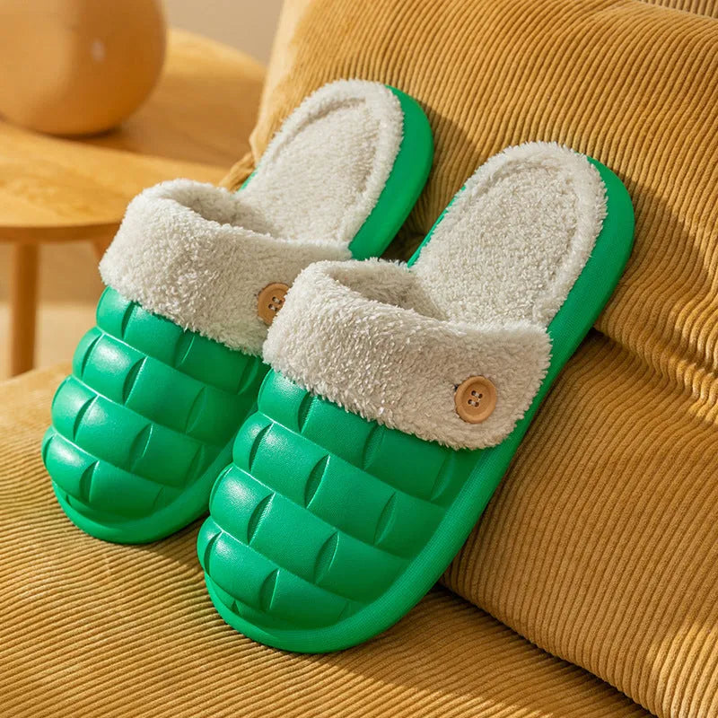 Plaid detachable EVA slippers for women in pink, showing plush lining and non-slip sole.