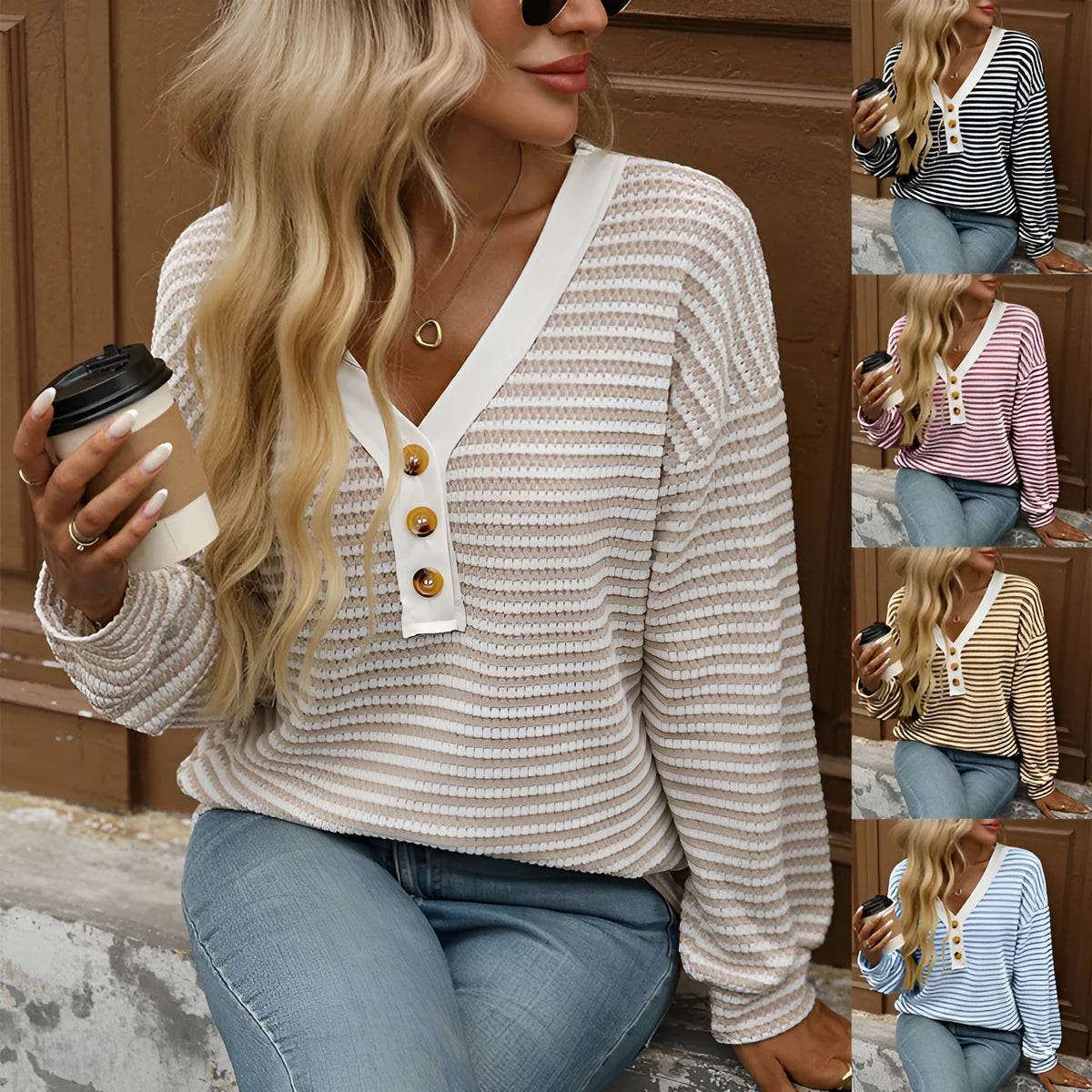 Women's loose V-neck pullover top with button front and patchwork style in various colours.