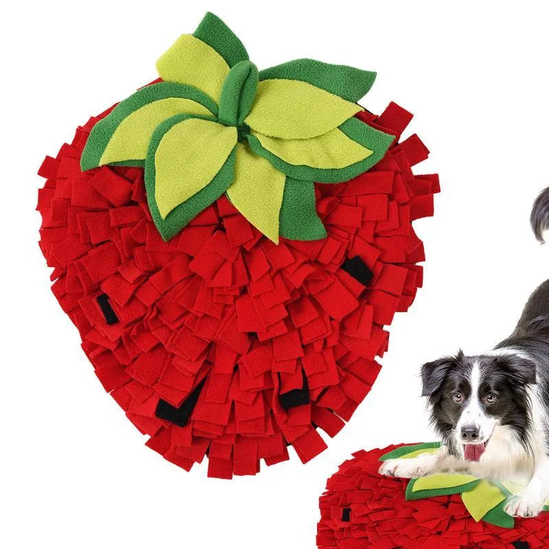 Red and green strawberry shaped pet slow feeder mat with textured foraging surface