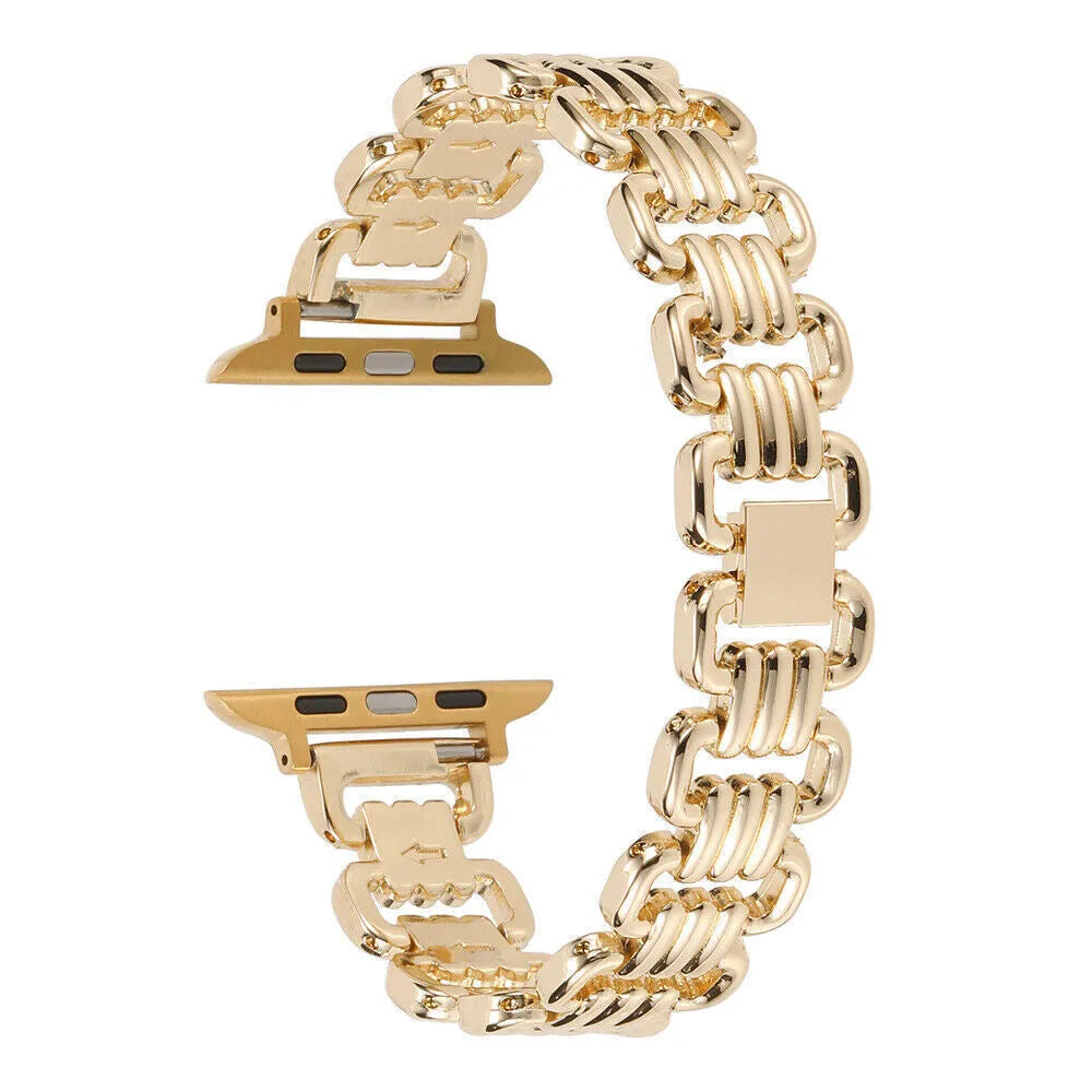Alloy metal Apple Watch bracelet in silver, black, gold, rose gold, and Starlight colour options.