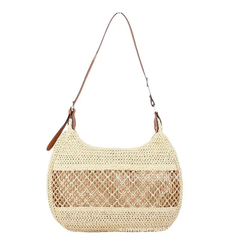 Women's straw cross body bag in khaki colour with horizontal square design and sandwich pocket