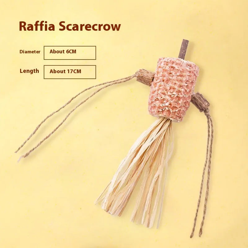 Wooden cat teeth grinding rod toy showing its 2.2cm thickness, with examples of the Lafite grass and chicken feather style variants.