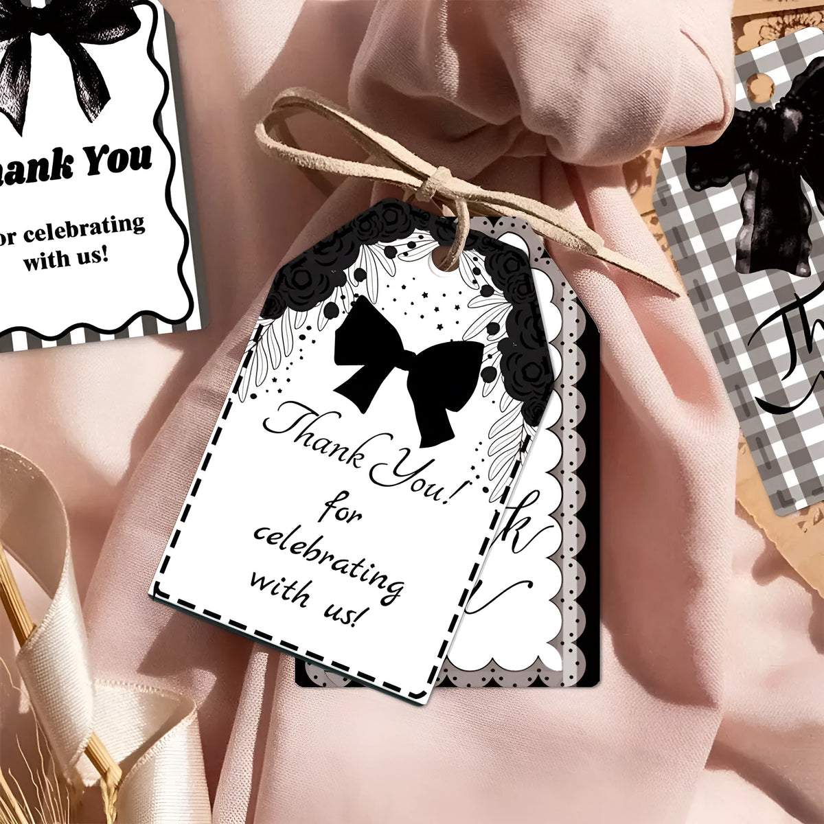 Birthday party gift tags with bowknot designs and hemp rope ties in three style variations