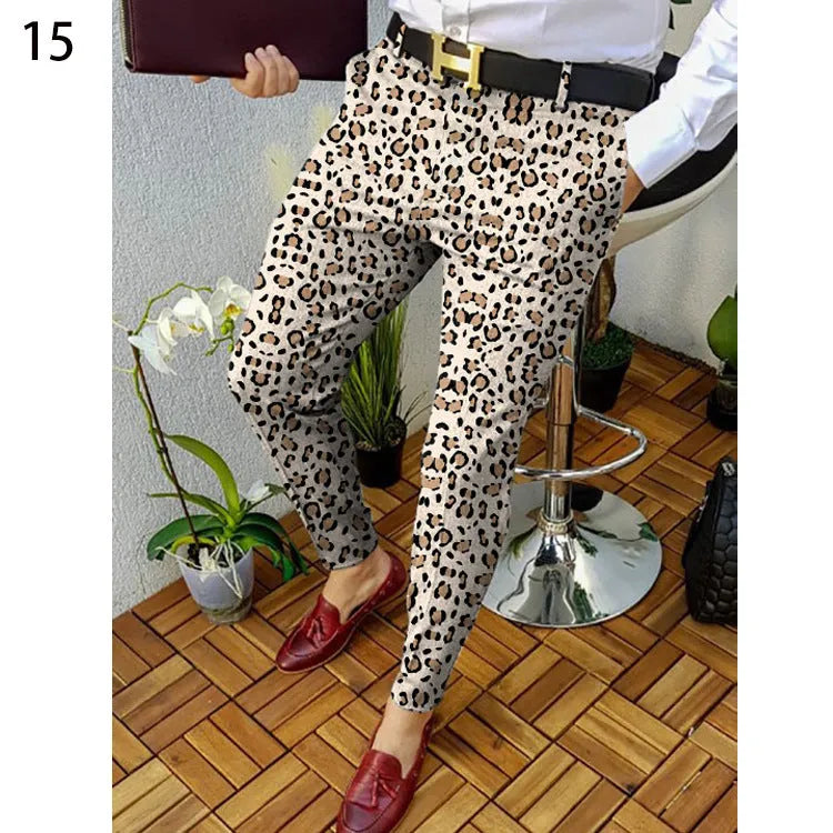 Men's slim-fit plaid casual trousers with straight-leg design and elastic fabric