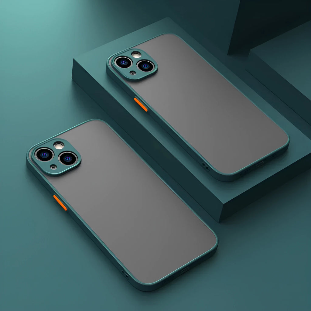 Frosted hard protective iPhone case in sea blue colour showing full lens cover and precise port cut-outs.