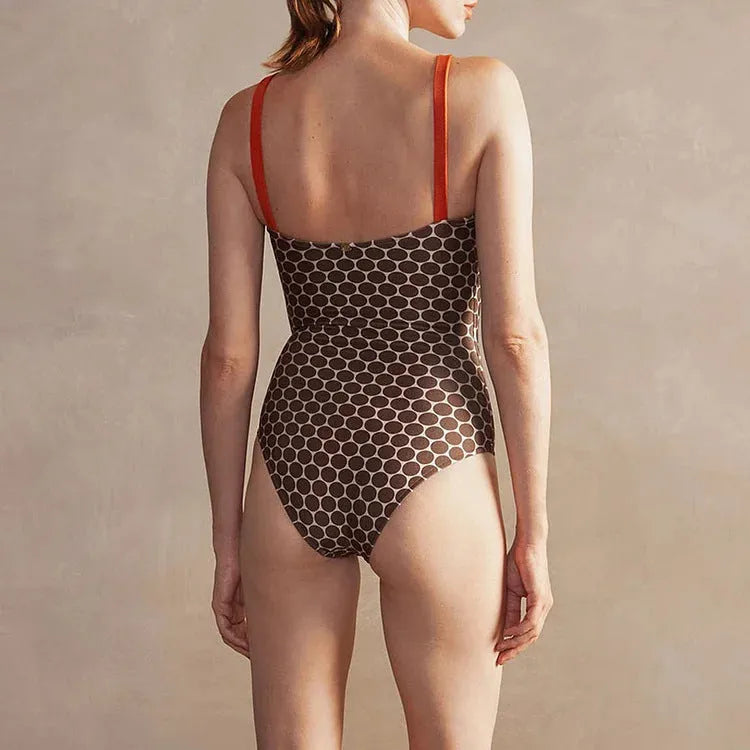 Printed dots pattern one-piece swimsuit with matching wrap skirt set for women