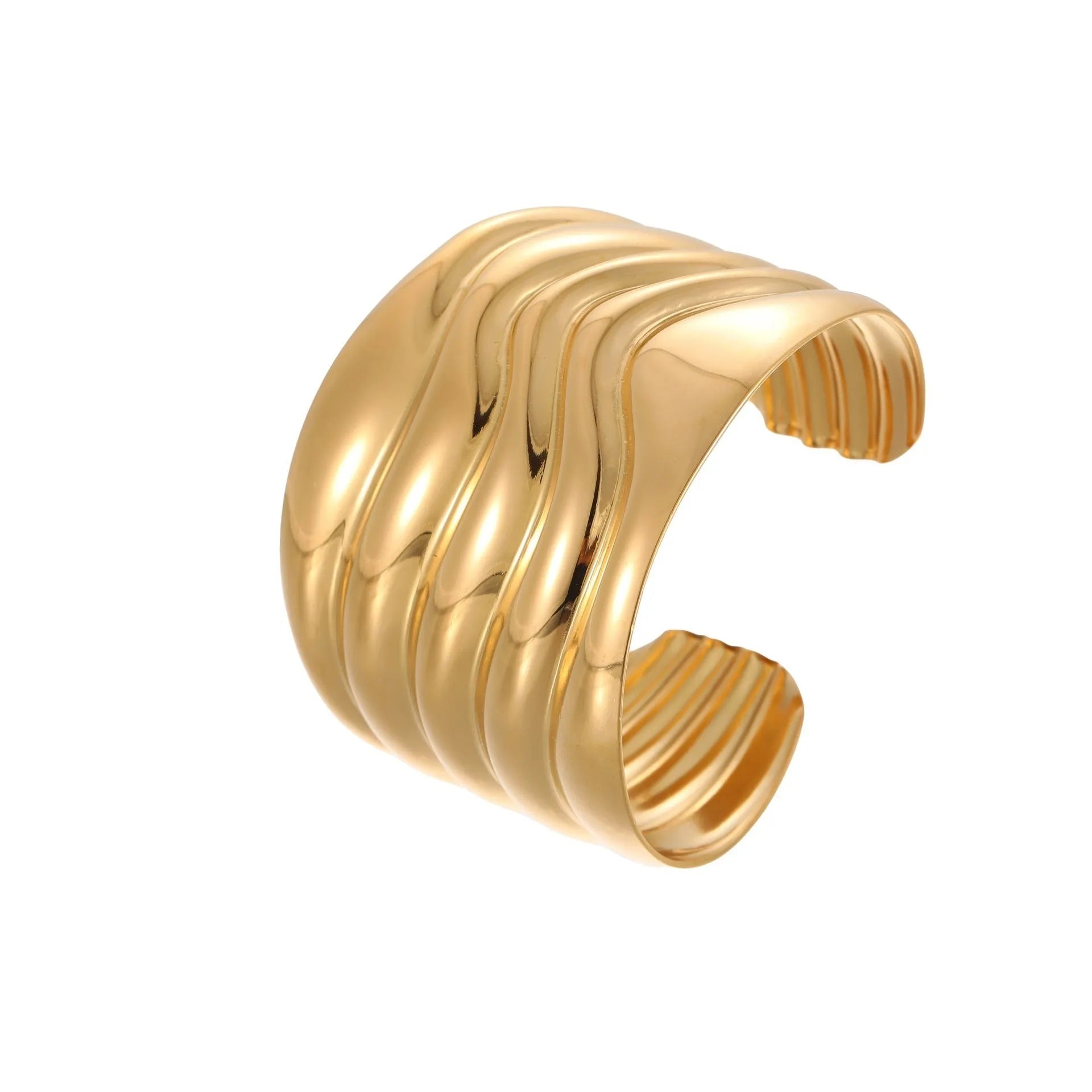 Gold-plated stainless steel wide bracelet with wave geometric design and a niche opening.