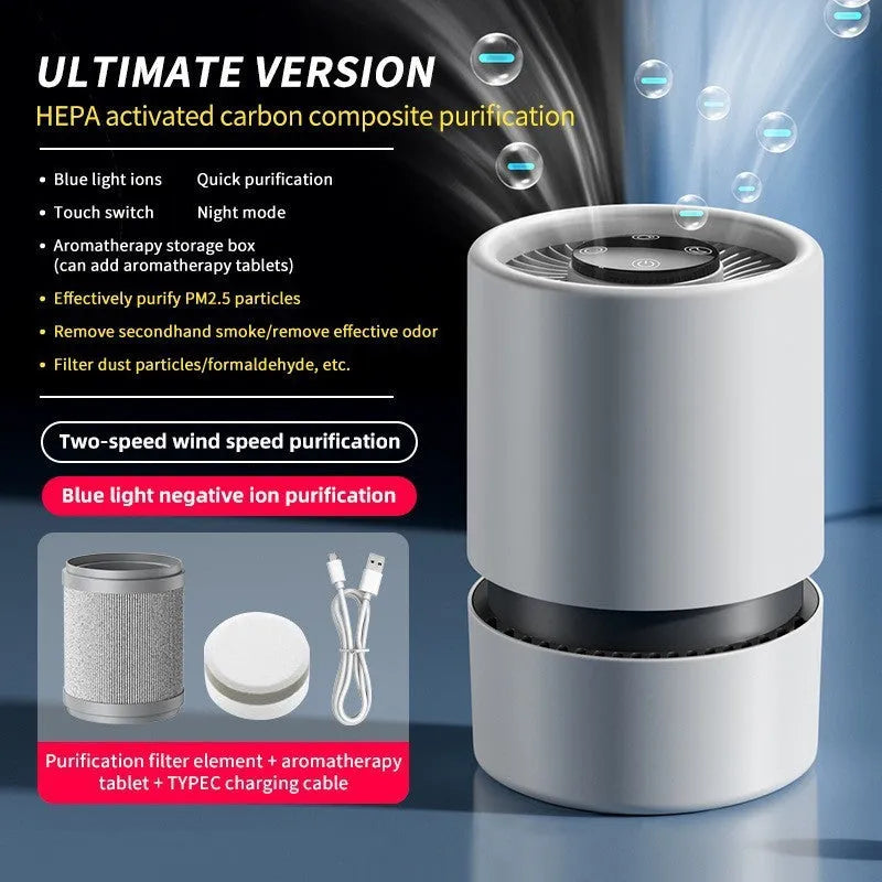 White desktop air purifier unit on table with USB cable for small room air cleaning