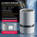 White desktop air purifier unit on table with USB cable for small room air cleaning