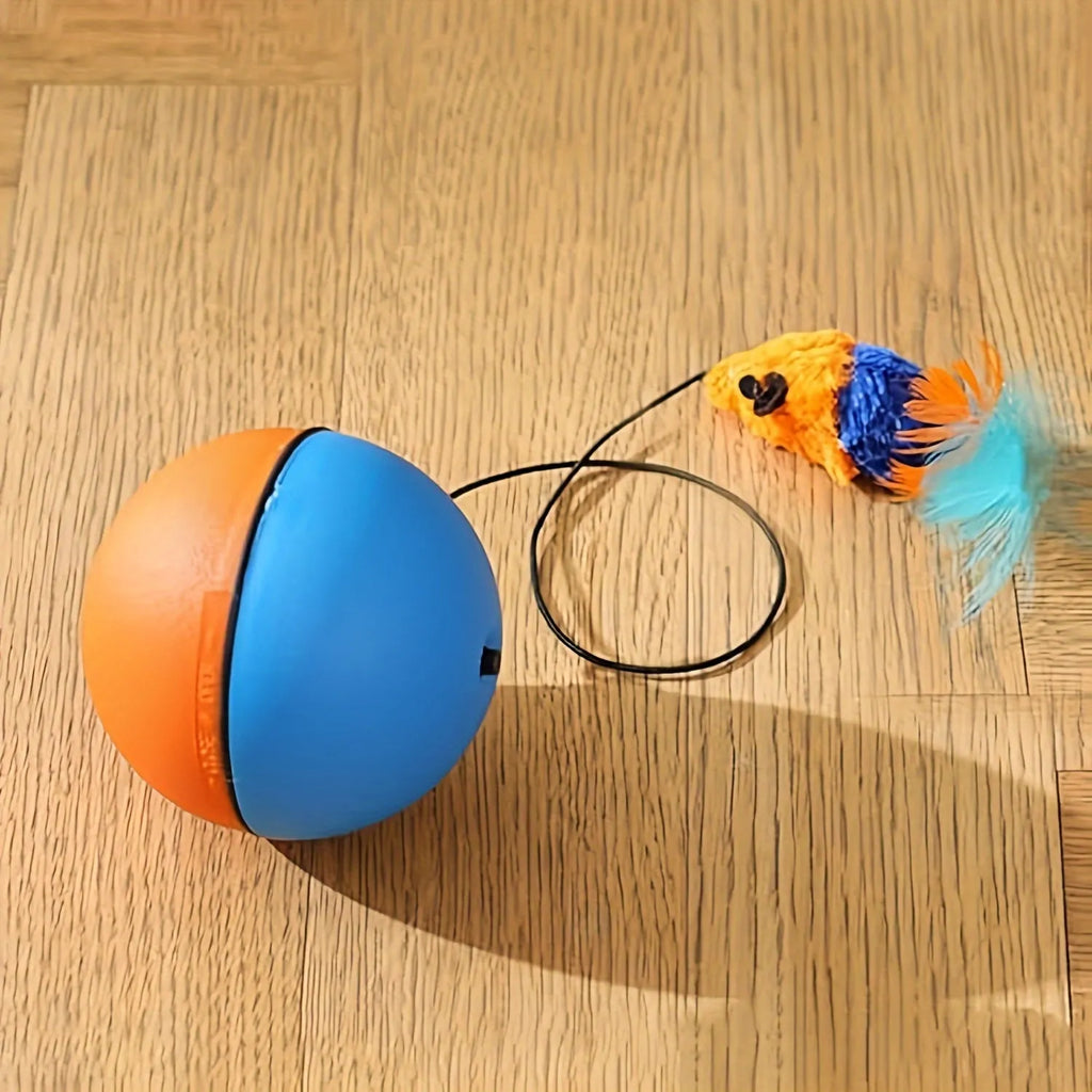 Blue and orange soft plush mouse cat toy for interactive indoor exercise.