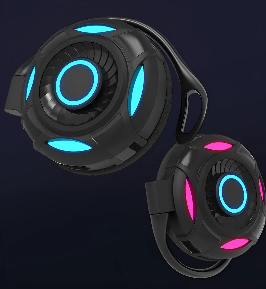 Black and white Bluetooth gaming earphones with hanging ear design showing wireless connectivity