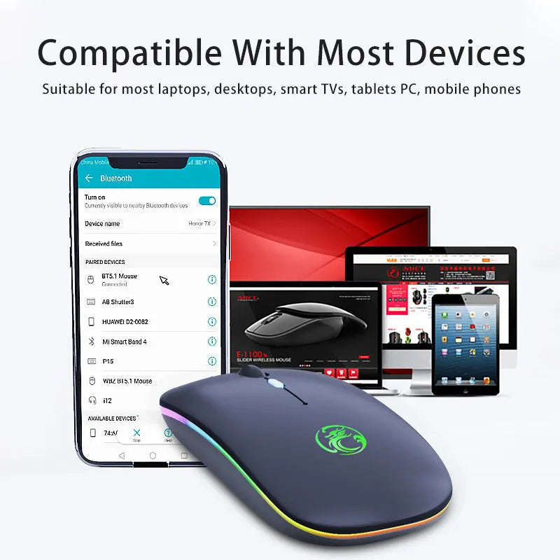 Black and white dual-mode wireless mouse with luminous charging indicator and silent click design
