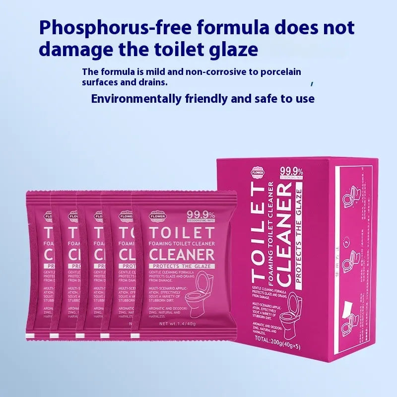 Toilet Bubble Powder cleaning product in blue ocean or pink floral fragrance, showing box and bag options