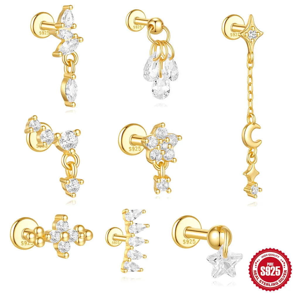 S925 sterling silver geometric moon and star earrings with embedded diamond accents in gold tone finish