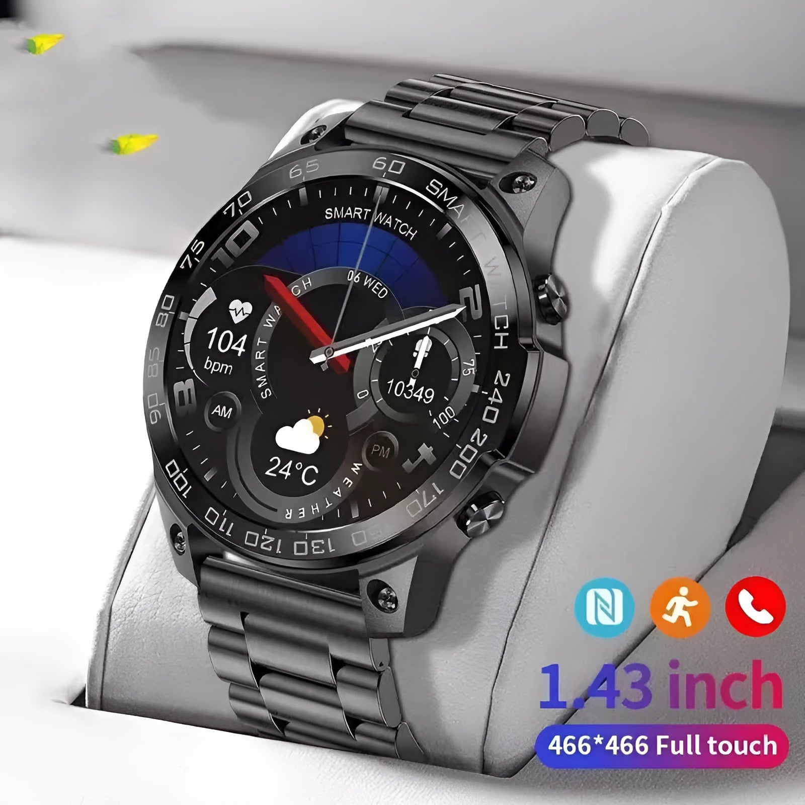 Bluetooth sports watch with AMOLED display showing heart rate metrics on black silicone strap