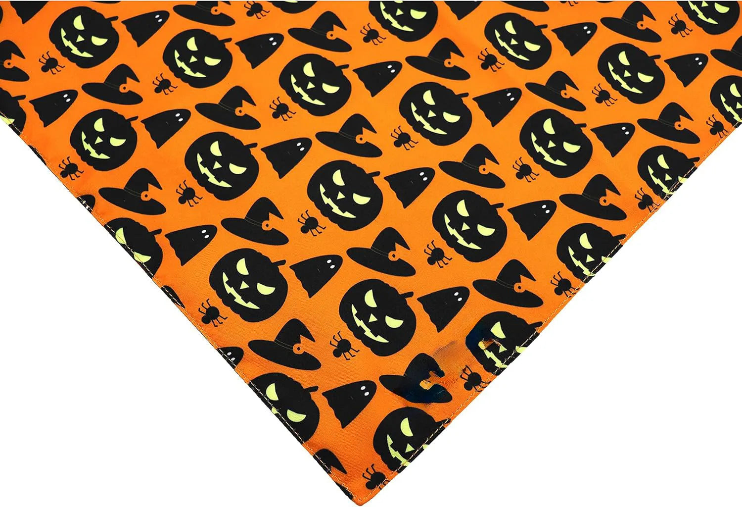 Halloween dog bandana with pumpkin and spider web patterns on reversible black and orange triangle bib