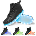 Pair of black high-top sneakers with LED lights illuminated on the side and Velcro straps.