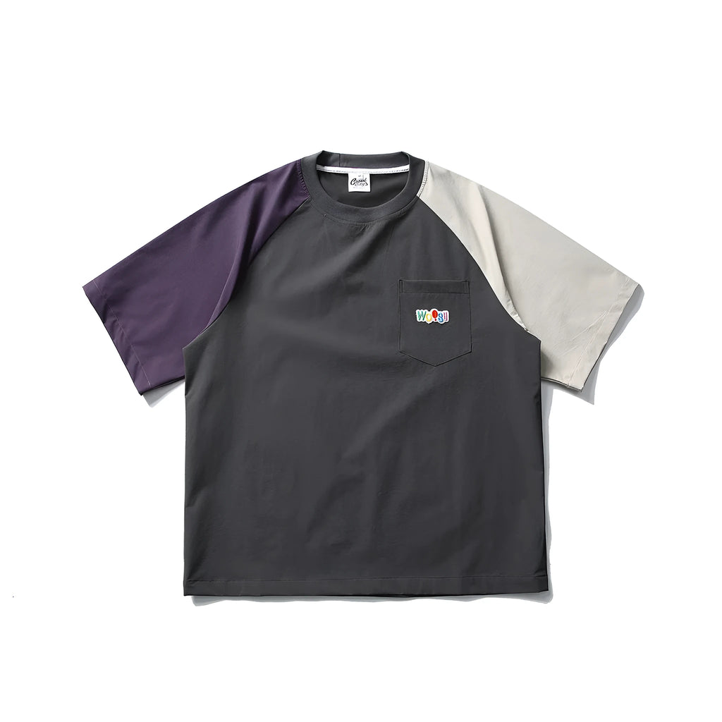 Dark grey loose fit men's T-shirt with contrast colour raglan short sleeves.