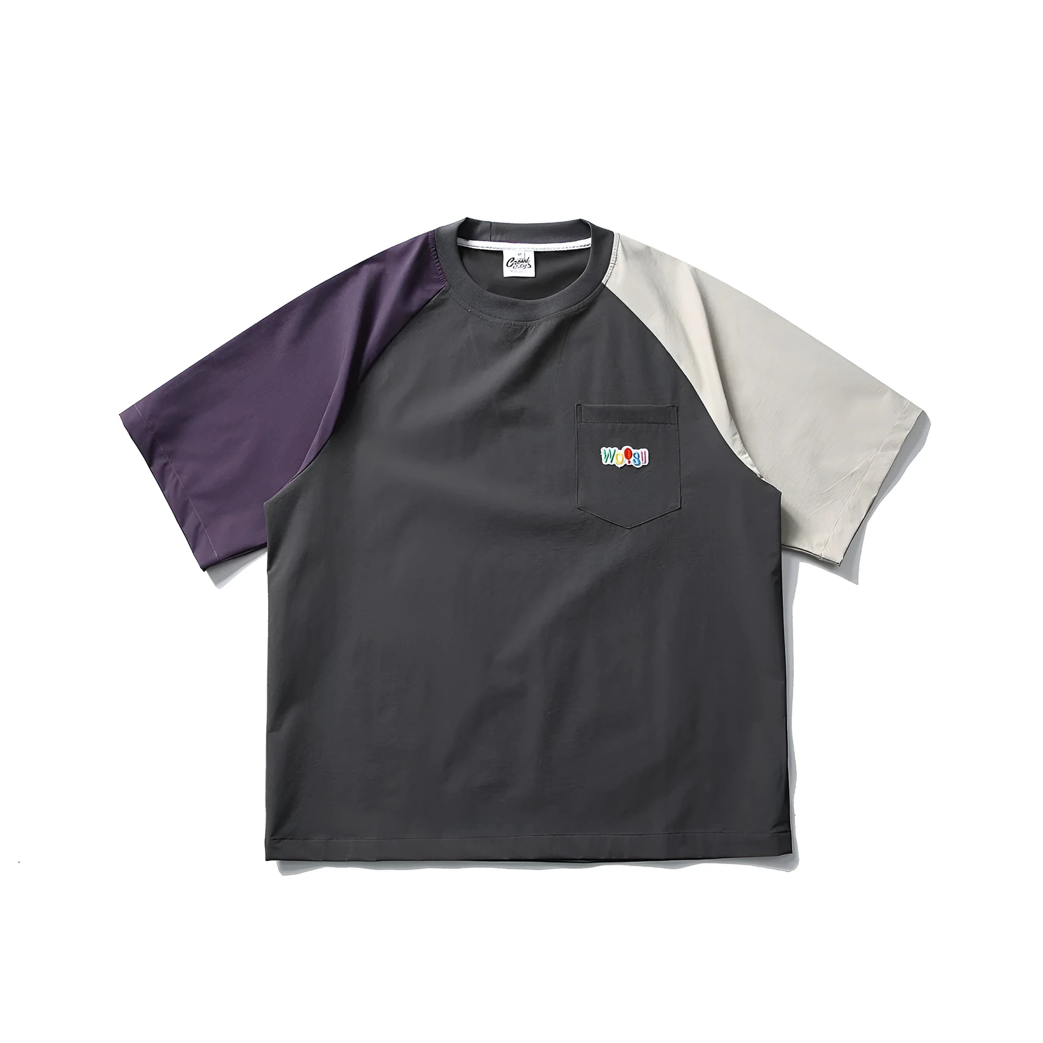 Dark grey loose fit men's T-shirt with contrast colour raglan short sleeves.