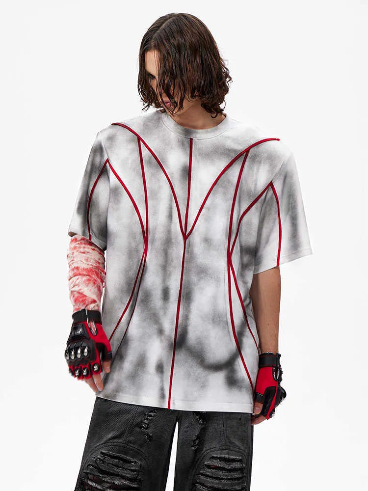 Women's padded shoulder T-shirt with patchwork detailing in short sleeve round neck design