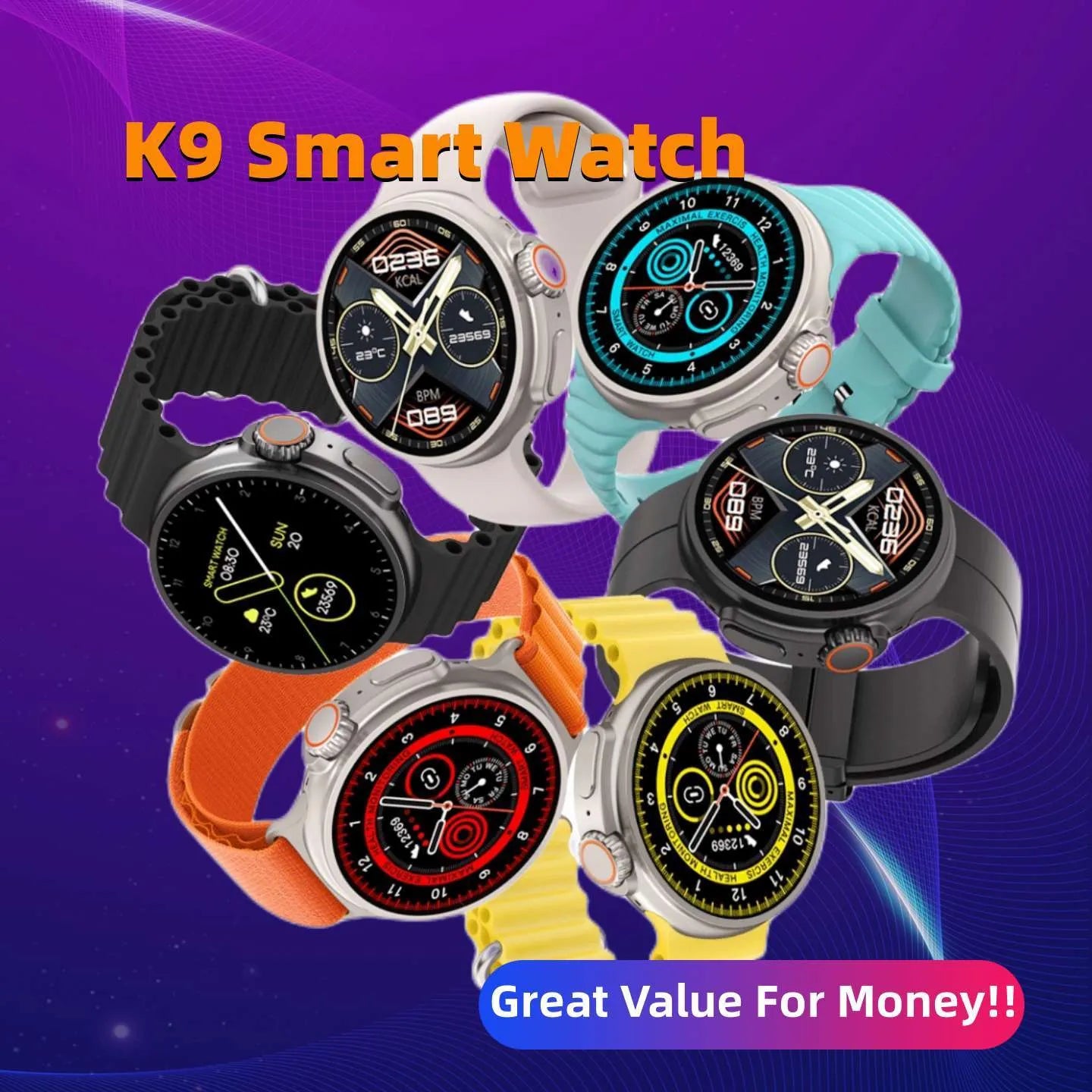 K9 Smart Watch with round screen on silicone strap, shown in black, orange, silver brown, or yellow.