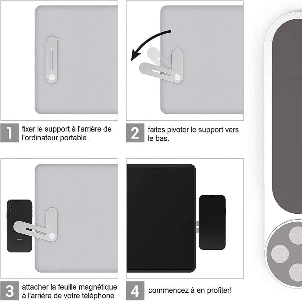 Aluminium laptop side mount bracket holding a smartphone next to a laptop, showing adjustable arm and magnetic pads.